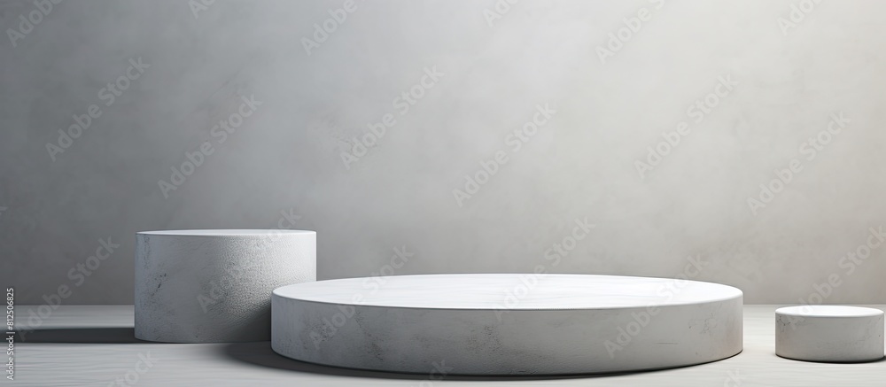 A side view of white table with gray concrete circle shaped pedestals offering copy space for a stunning image It serves as a stone platform and an abstract geometric pedestal with a design perfect f A side view of white table with gray concrete circle shaped pedestals offering copy space for a stunning image It serves as a stone platform and an abstract geometric pedestal with a design perfect f