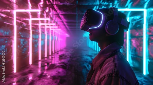  young emotional people on multicolored background in neon light. Concept of human emotions  facial expression  sales. Smiling  playing videogames with VR-headset  modern