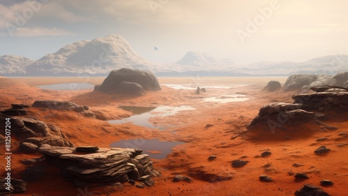 Image of close up of the surface of Mars with red, brown and orange texture with rugged rocks and mountain. Red dessert landscape with rough texture with rock scattering around. Sci-fi concept. AIG35.