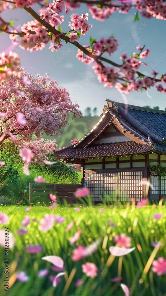 japanese tradisional house in the garden with cherry blossoms background. Cartoon or anime watercolor digital painting illustration style. seamless looping 4k video animation background. japanese tradisional house in the garden with cherry blossoms background. Cartoon or anime watercolor digital painting illustration style. seamless looping 4k video animation background.
