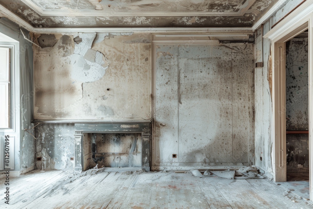 A dimly lit room with peeling walls, a neglected fireplace, and a sense of abandonment. Generative AI A dimly lit room with peeling walls, a neglected fireplace, and a sense of abandonment. Generative AI