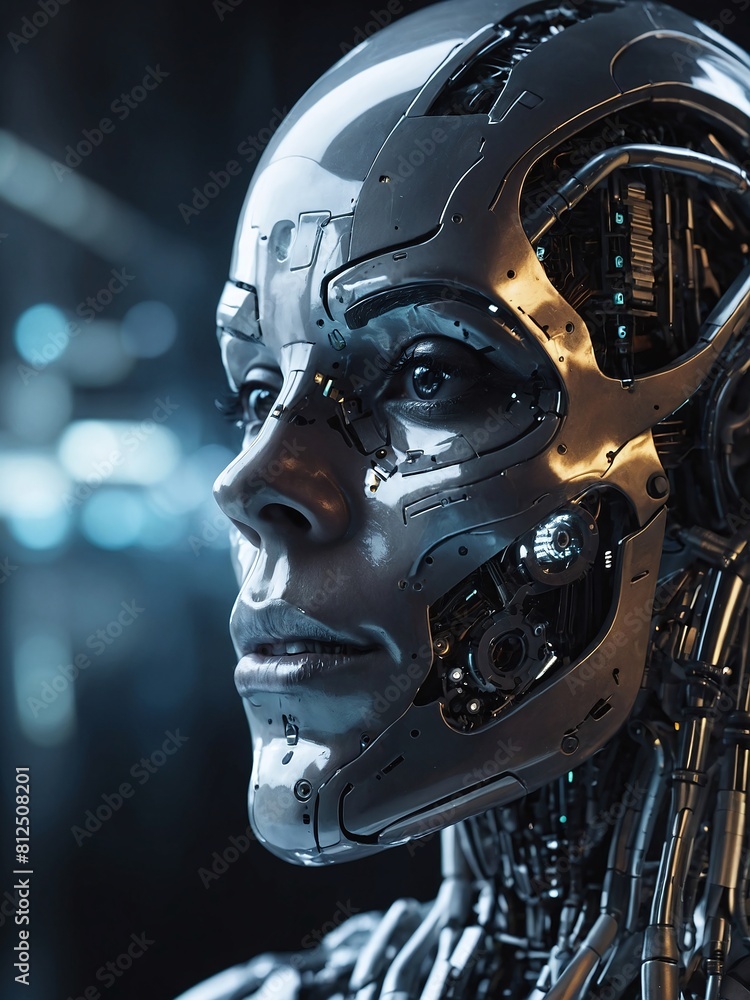 a robotic figure with mechanical details, suggesting themes of advanced technology and artificial intelligence. The central part is obscured, limiting full analysis a robotic figure with mechanical details, suggesting themes of advanced technology and artificial intelligence. The central part is obscured, limiting full analysis