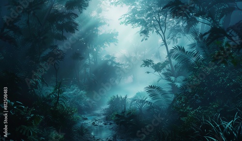 A dreamlike image of a dense jungle enveloped in mist with a tranquil pathway leading into the unknown © qorqudlu