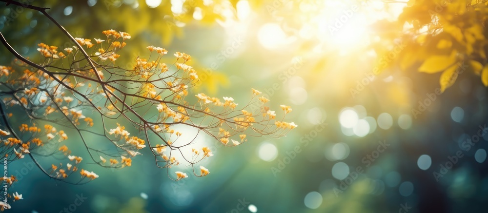 The sun casts a vibrant bokeh effect on the trees creating a colorful and enchanting copy space image The sun casts a vibrant bokeh effect on the trees creating a colorful and enchanting copy space image