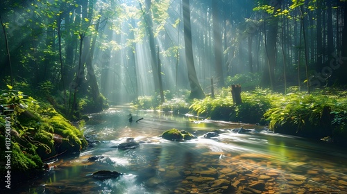 An enchanting forest glade illuminated by shafts of sunlight, with a crystal-clear stream running through it photo