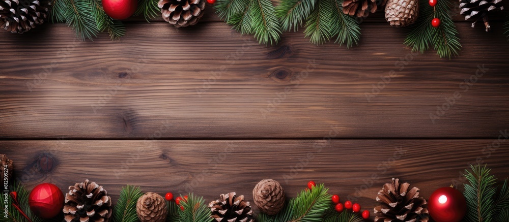 A Christmas themed wooden board displays a festive arrangement of fir tree branches a red Christmas ball and pine cones providing ample copy space for text A Christmas themed wooden board displays a festive arrangement of fir tree branches a red Christmas ball and pine cones providing ample copy space for text