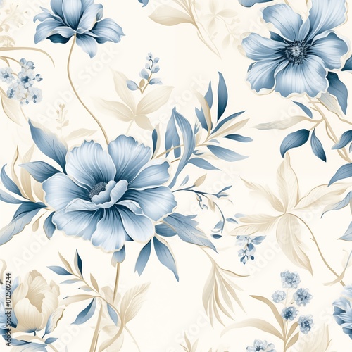 Elegant seamless floral wallpaper pattern with blue and beige flowers.