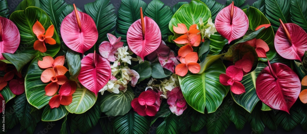 A top down view of a creatively arranged composition featuring vibrant tropical leaves and anthurium flowers perfect for use as a copy space image A top down view of a creatively arranged composition featuring vibrant tropical leaves and anthurium flowers perfect for use as a copy space image