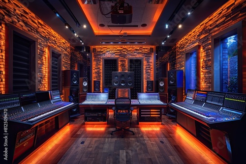 Sleek recording studio with state-of-the-art equipment and a soundproofed environment.