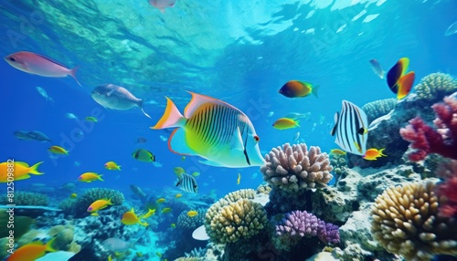 Tropical fish in the underwater, coral reef, amazing underwater life, various fish and exotic coral reefs, ocean wild creatures background