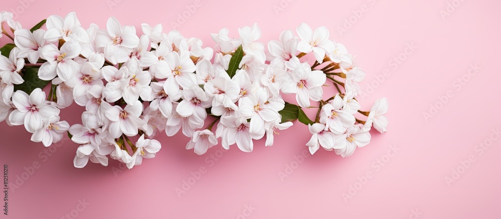A top view of a beautiful bouquet of delicate white flowers resting on a pink background with plenty of space for text or other elements. Creative banner. Copyspace image