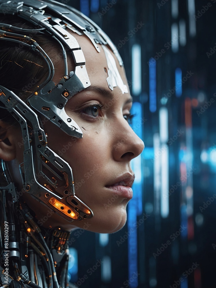 a cyborg with a blend of human and machine elements, highlighting futuristic technology and artificial intelligence in a detailed representation a cyborg with a blend of human and machine elements, highlighting futuristic technology and artificial intelligence in a detailed representation