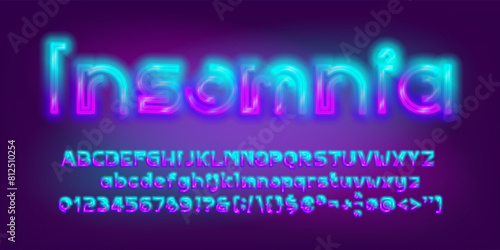 Insomnia alphabet font. Two neon color futuristic letters and numbers. Stock vector typescript for your design. photo