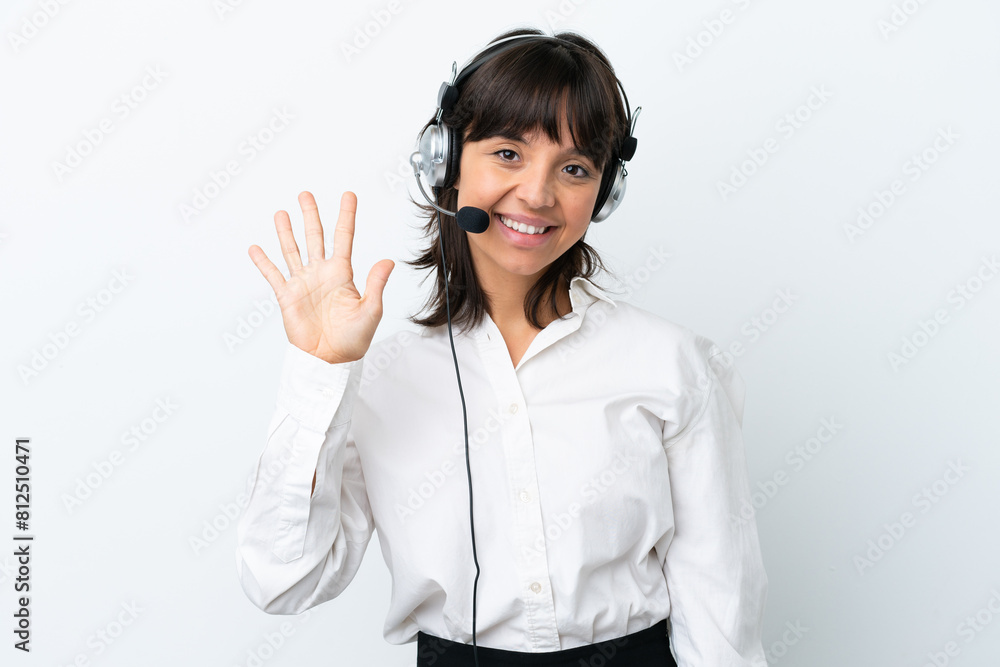 Telemarketer mixed race woman working with a headset isolated on white background counting five with fingers Telemarketer mixed race woman working with a headset isolated on white background counting five with fingers