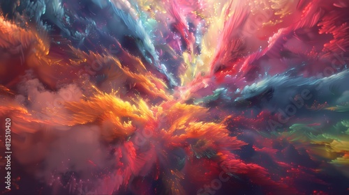 A symphony of colors colliding and cascading in a radiant display of energy, forming a stunning multicolored power splash
