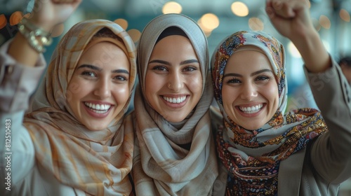 Three women wearing colorful scarves are smiling and posing for a picture © tope007