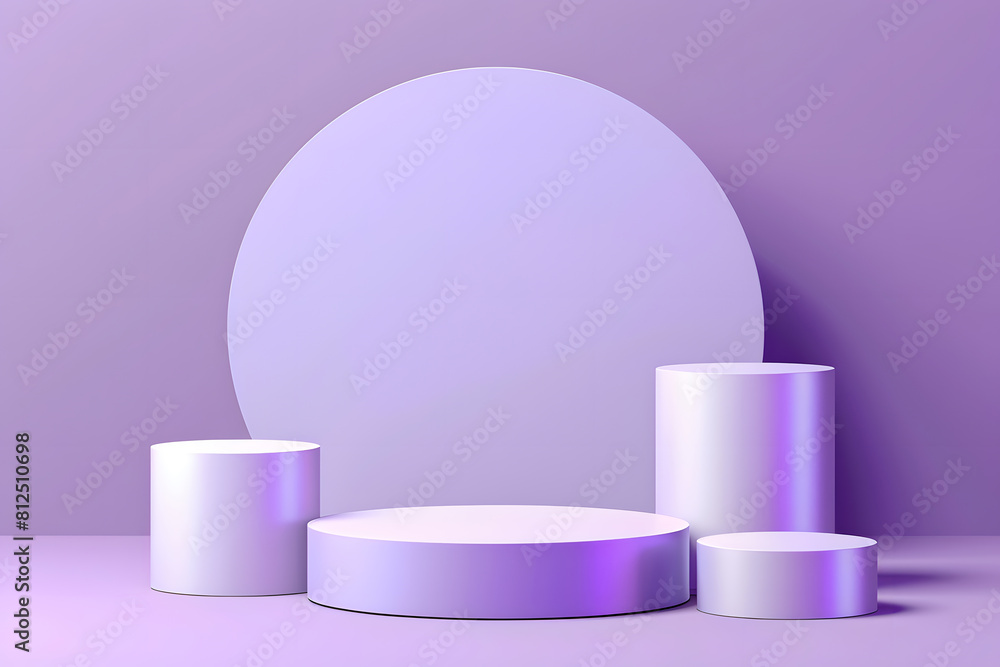 Abstract lavender 3D room with set of realistic purple, white cylinder pedestal podium. Minimal scene for product display presentation. Geometric forms design. Round stage for showcase. Generative Ai. Abstract lavender 3D room with set of realistic purple, white cylinder pedestal podium. Minimal scene for product display presentation. Geometric forms design. Round stage for showcase. Generative Ai.