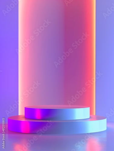Product stage or podium pedestal with neon glow, Blank display platform, Blank product stand with neon lights on pastel color background, 3D rendering, AI generated photo