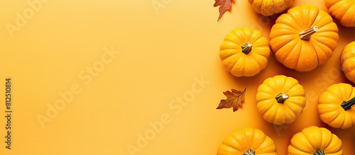 Top view of pumpkins on a yellow background creating a festive autumn atmosphere This flat lay image is perfect for emphasizing the essence of Halloween and Thanksgiving with ample copy space availab