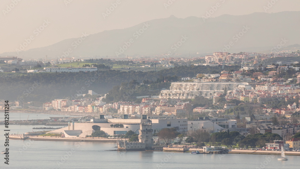 Aerial view of Belem Tower timelapse, one the most famous landmark in the city of Lisbon, Portugal. Aerial view of Belem Tower timelapse, one the most famous landmark in the city of Lisbon, Portugal.