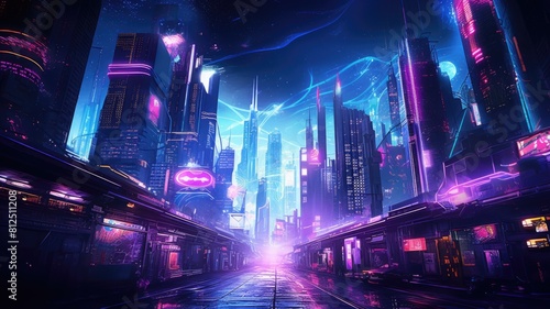 The picture of the neon night time futuristic cyberpunk scifi metropolis yet bright with neon light that fill everywhere of metropolis and fill with tall building and long roadway at night. AIGX01. © Summit Art Creations