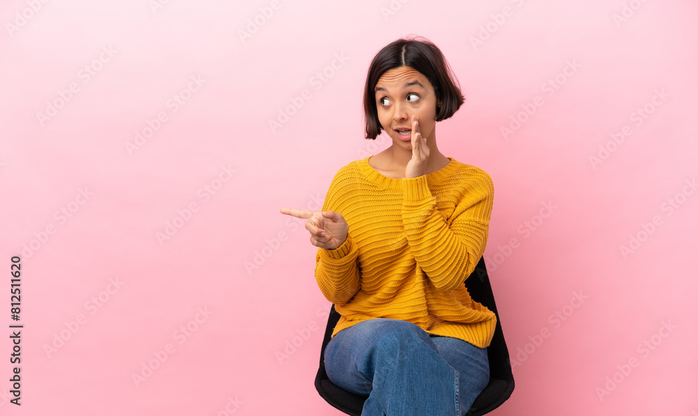Young mixed race woman sitting on a chair isolated on pink background pointing to the side to present a product and whispering something Young mixed race woman sitting on a chair isolated on pink background pointing to the side to present a product and whispering something