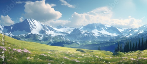 The tranquil beauty of spring hills juxtaposed against the majestic snowy mountains creates a captivating scene evoking a sense of peaceful wonder. Creative banner. Copyspace image