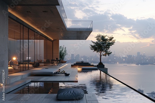 Sleek rooftop terrace with a view of the cityscape featuring a minimalist lounge area and a reflecting pool.