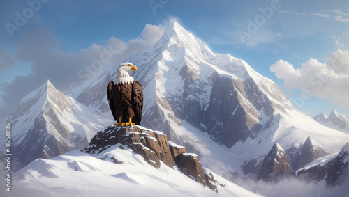 An eagle is perched on a rock in the snowy mountains. 