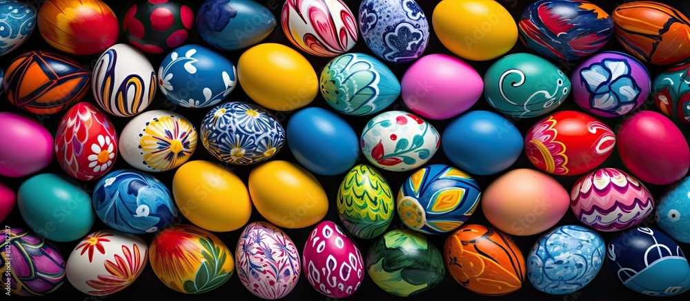 A vibrant and vivid composition of Easter eggs arranged in a flat layout with ample copy space for text A vibrant and vivid composition of Easter eggs arranged in a flat layout with ample copy space for text