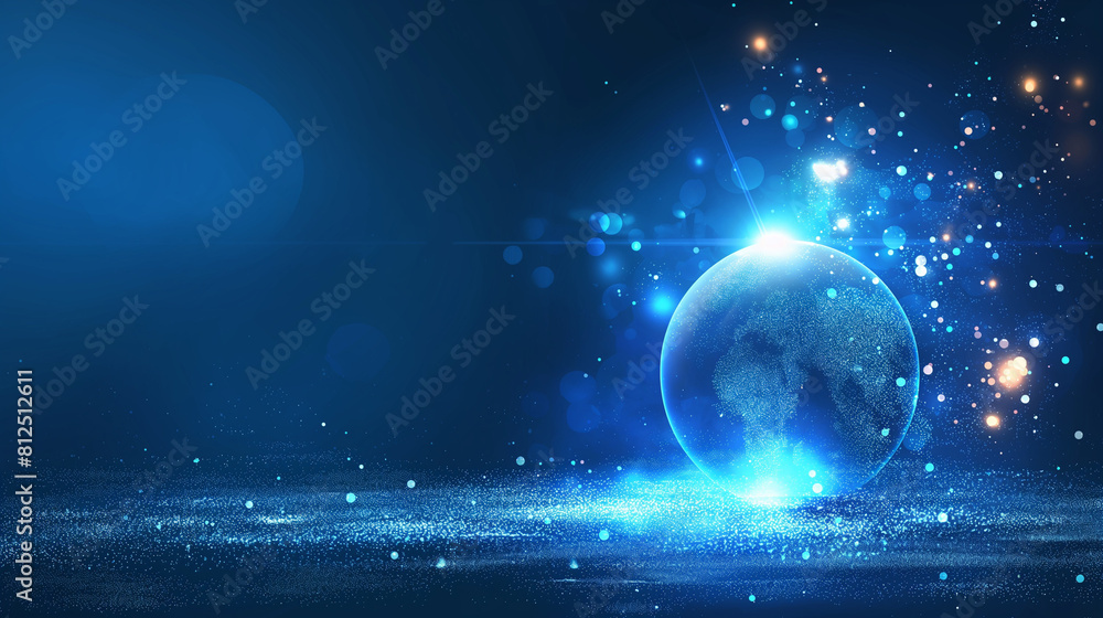 Fototapeta premium Vector illustrations of Abstract blue futuristic globe digital economic or metaverse with glowing particles around. Digital innovation and technology concepts.