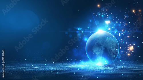 Vector illustrations of Abstract blue futuristic globe digital economic or metaverse with glowing particles around. Digital innovation and technology concepts.