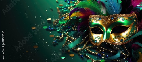 A vibrant carnival themed design with confetti a masquerade mask and serpentine on a green backdrop Perfect for carnival birthday Mardi Gras or party invitations with copy space image
