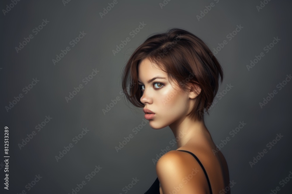 Young brunette with a bob hairstyle. Feminine beauty. Young brunette with a bob hairstyle. Feminine beauty.