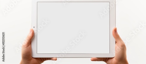 A white background with a hand holding a tablet PC featuring a blank screen to insert an image. Creative banner. Copyspace image