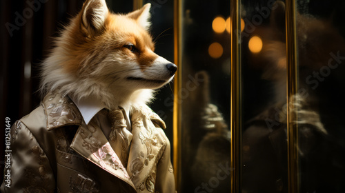 An elegant fox wears a designer trench coat, accessorized with a golden pocket watch and a silk ascot. photo
