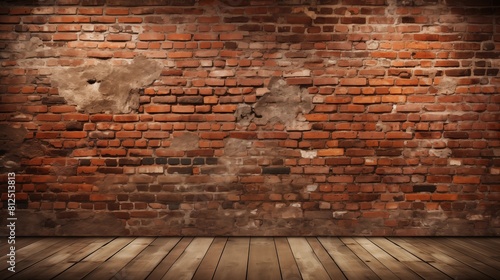 Empty room with rustic red brick wall and wooden floor