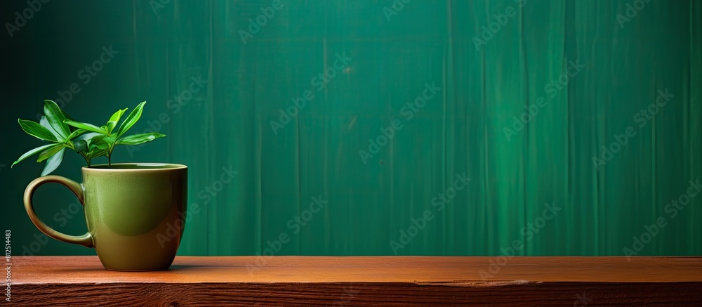 Abstract green wall background with a coffee cup and wooden pot providing ample copy space image Abstract green wall background with a coffee cup and wooden pot providing ample copy space image