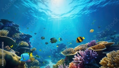 Tropical fish in the underwater  coral reef  amazing underwater life  various fish and exotic coral reefs  ocean wild creatures background