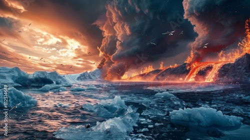 A fiery volcano erupts over a frozen ocean