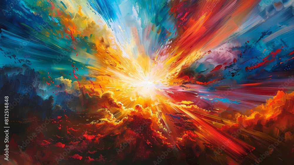 Beams of vibrant light converging and exploding into a dazzling array of colors, painting the sky with a mesmerizing power explosion