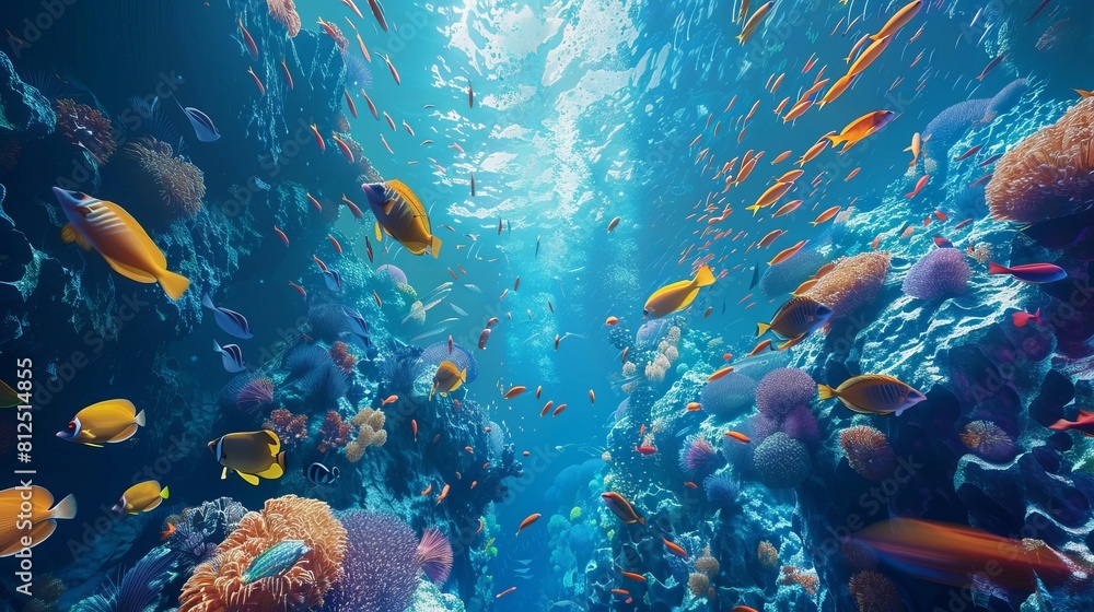 Immerse yourself in the underwater beauty with this 3D wallpaper, where vibrant fish dance through a fascinating landscape. Immerse yourself in the underwater beauty with this 3D wallpaper, where vibrant fish dance through a fascinating landscape.