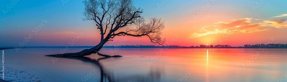 The tranquility of a leafless dry tree standing in the water, silhouetted against the colorful sunset over the river, evoking a sense of solitude and introspection 8K , high-resolution, ultra HD,up32K