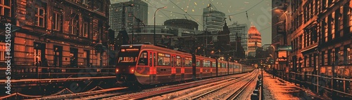 The evening cityscape comes alive with the dazzling light trails of commuter trains, illustrating the vibrant and dynamic nature of urban transportation photo