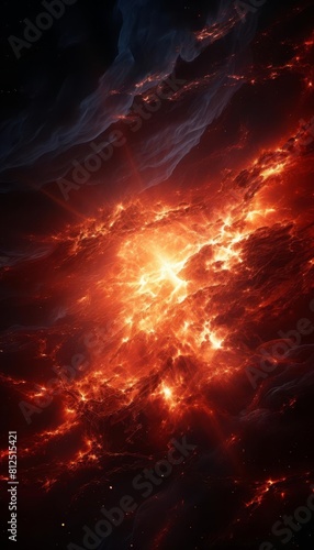 The image is a depiction of a fiery, nebulous cloud in outer space, with vibrant hues of red, orange, and yellow.