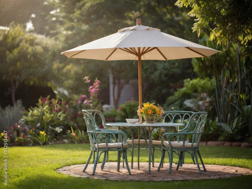 Backyard Bliss, Garden Chairs, Table, and Parasol Provide a Serene Setting for Leisurely Moments.