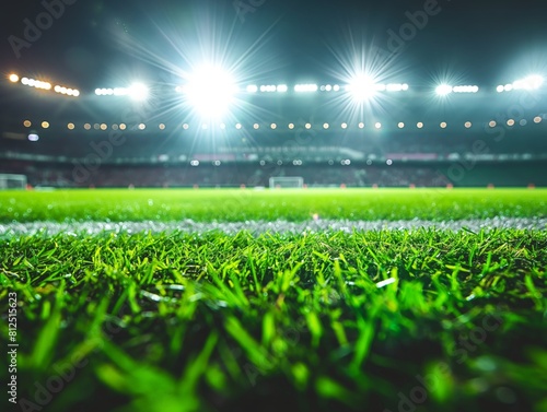 Close-up of green grass on a soccer field, illuminated by bright stadium lights against a dark evening sky. © cherezoff