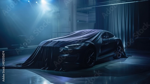 Black fabric cover on the car, presentation of a new model concept in a dark room. The car under cloth on stage for reveal at a press conference or launch event. © Ammar