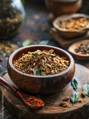Burmese lahpet thoke or tea leaf salad, made with fermented tea leaves, crunchy nuts, seeds, and other fresh ingredients, served in an authentic wooden bowl.