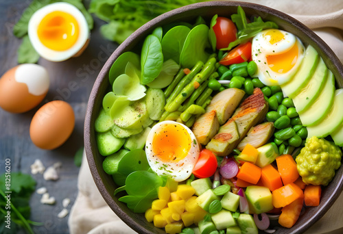 A colorful vegetable bowl filled with fresh vegetables and topped with a herb and egg dressing